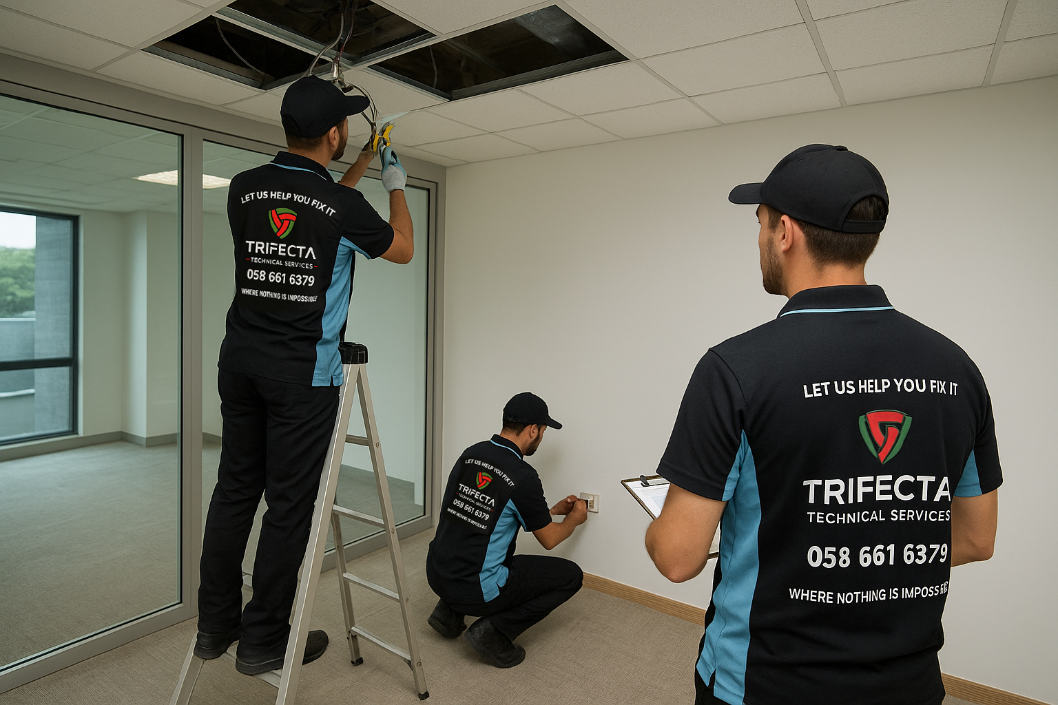 Trifecta technicians repairing office wiring