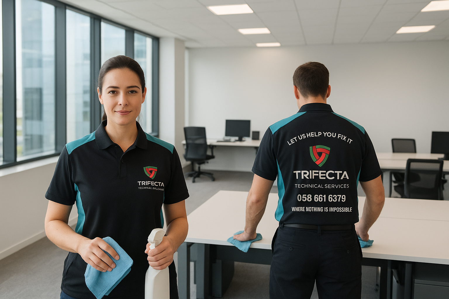 Trifecta cleaning staff performing office cleaning service in Dubai